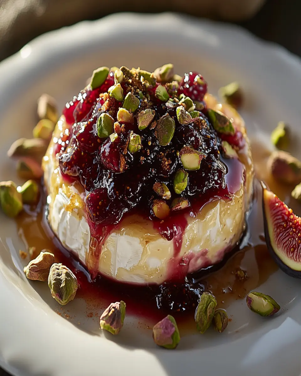 Baked Brie with Cherry Jam, Pistachios, Cinnamon, & Honey First Image First Image
