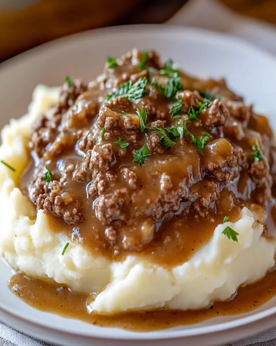 Ground Beef and Gravy Over Mashed Potatoes First Image First Image