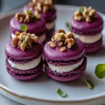 Savory Beet Macarons with Goat Cheese Walnut Crunch First Image First Image