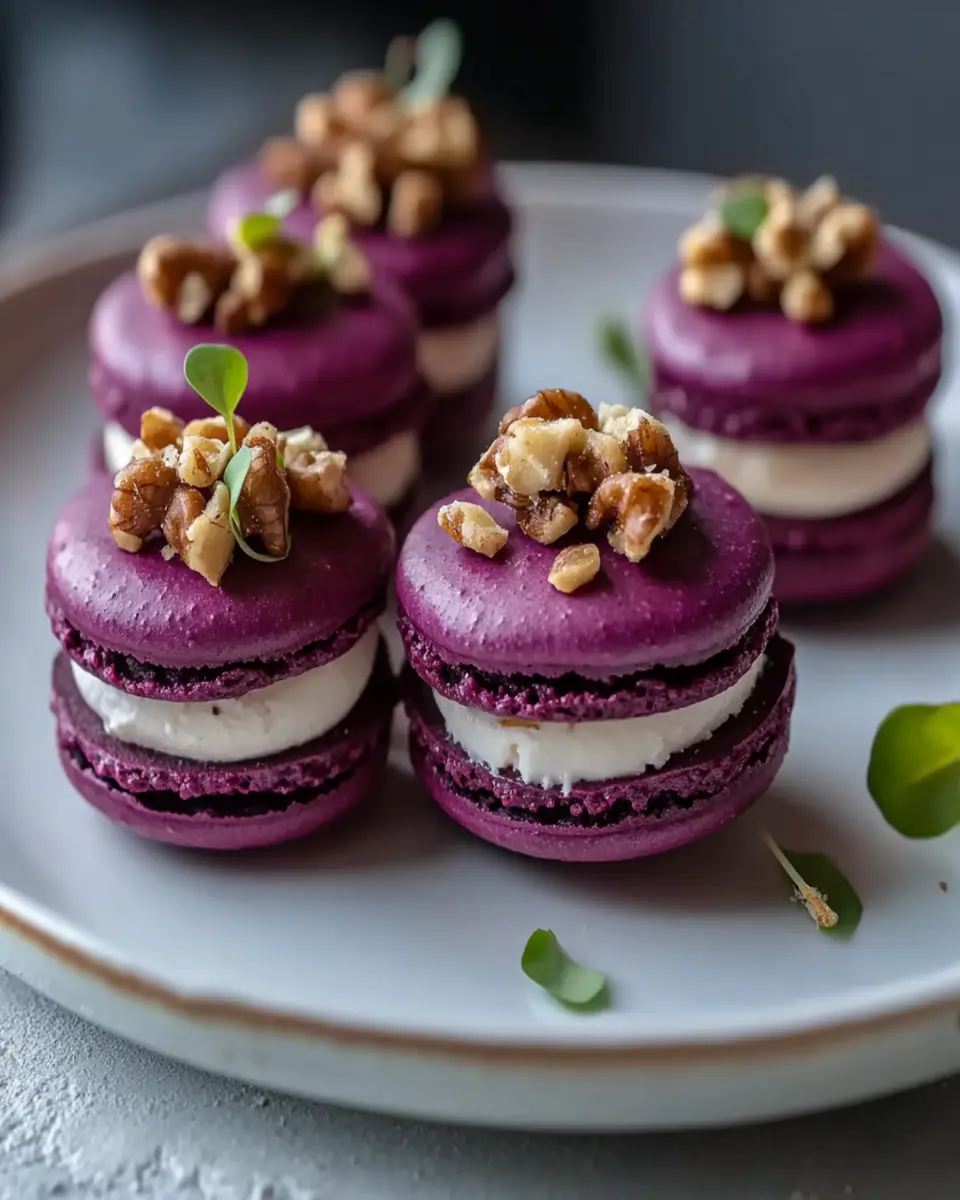 Savory Beet Macarons with Goat Cheese Walnut Crunch First Image First Image