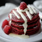 Red Velvet Pancakes with Cream Cheese Drizzle First Image First Image