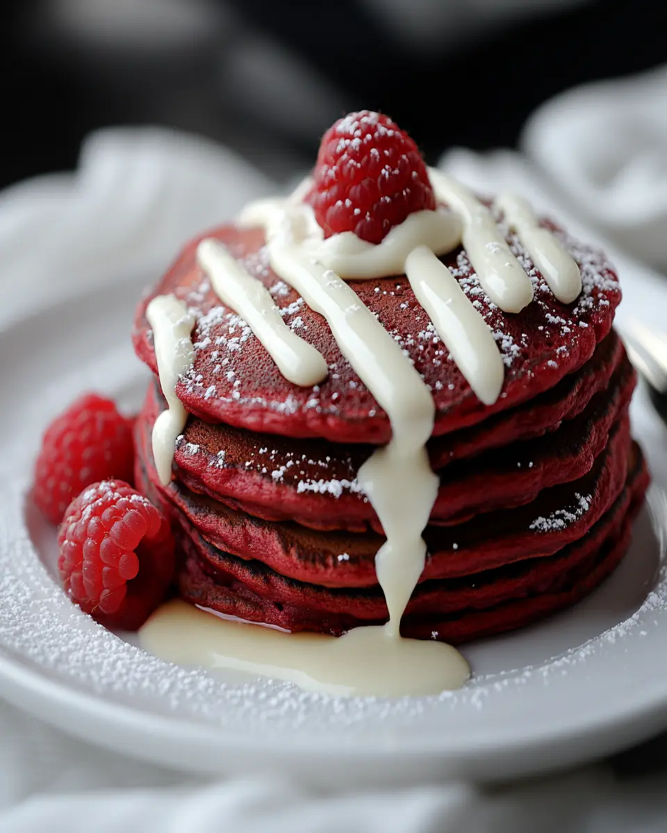 Red Velvet Pancakes with Cream Cheese Drizzle First Image First Image